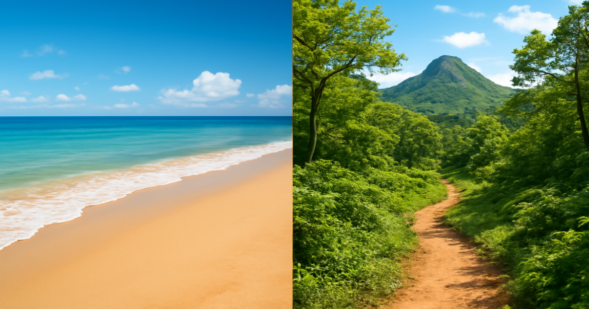 Comparative image showcasing beach relaxation and active tourism, highlighting the primary keyword 'сравнение направлений'.