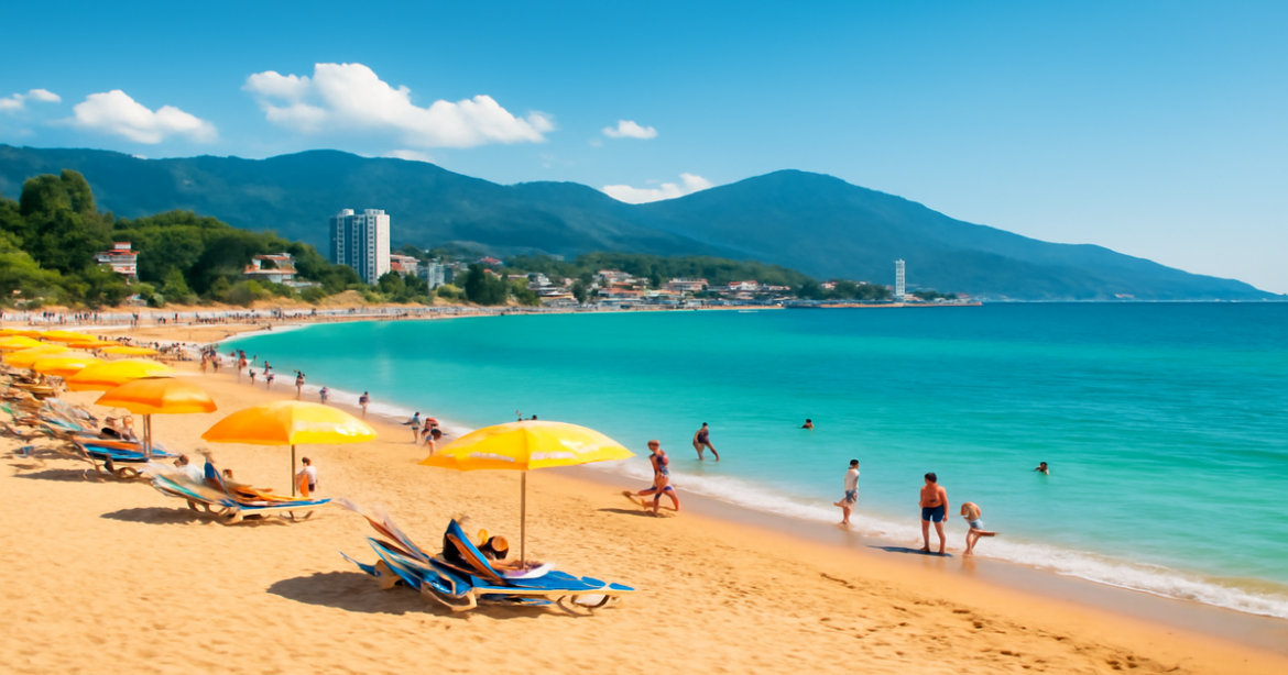 Explore the beautiful пляжные курорты Черного моря with golden sands and clear waters in this inspiring beach scene.