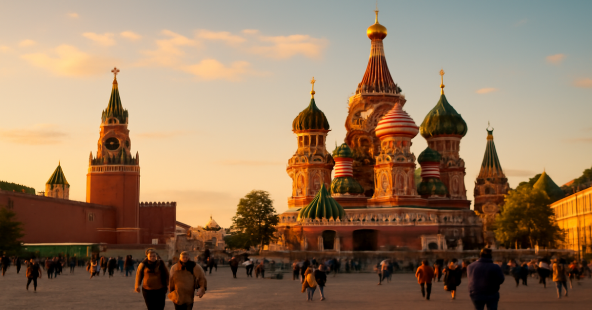 Explore the достопримечательности Москвы with a breathtaking view of Red Square and St. Basil's Cathedral.