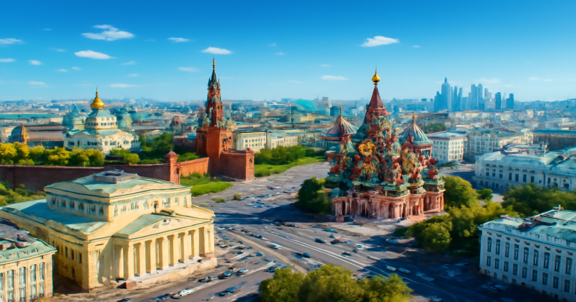 Explore the top достопримечательности Москвы with this vibrant aerial view of the city's iconic landmarks.