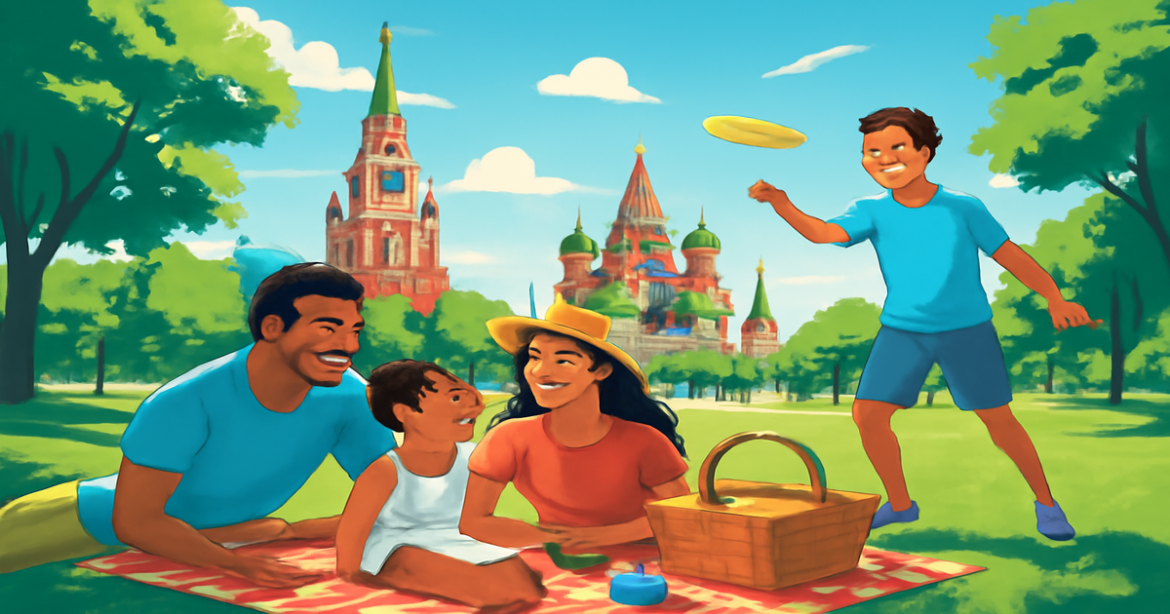 Enjoying семейный отдых в России at a sunny city park with family activities and iconic landmarks.