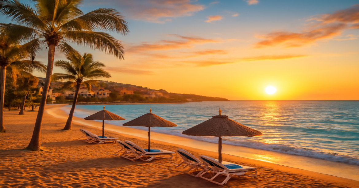 Explore пляжный отдых в России with this beautiful beach scene featuring resorts and sunset views.