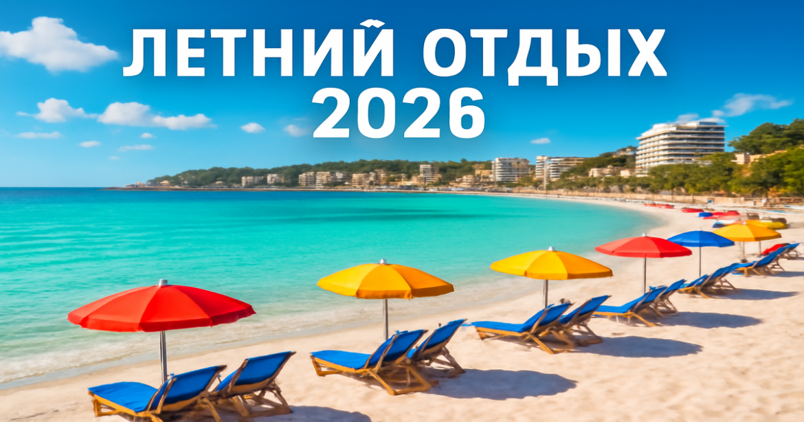 Stunning beach scene for летний отдых in 2026, showcasing vibrant waters and a coastal city.