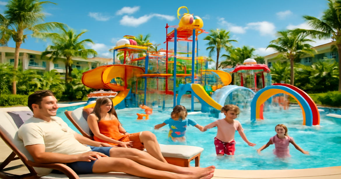 A vibrant family resort scene showcasing отели для отдыха с детьми, perfect for family vacations.
