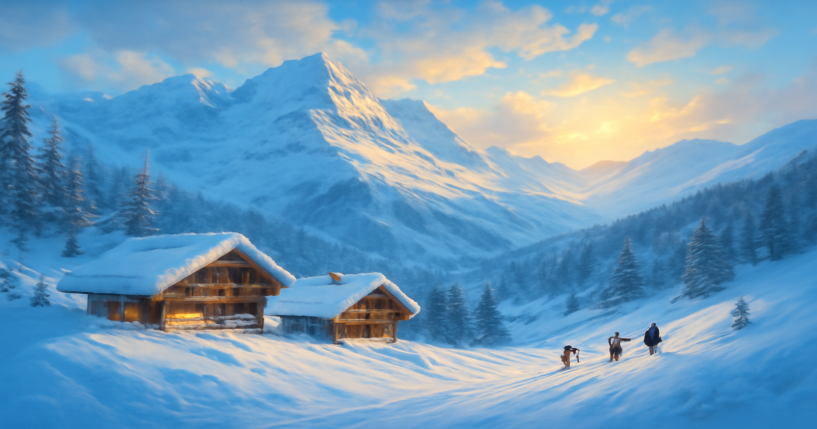Stunning winter landscape illustrating идеальное место для зимнего отдыха in 2024 with snowy mountains and cozy chalets.