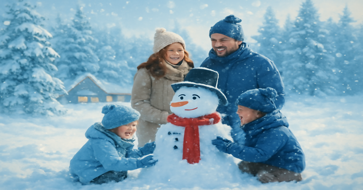 Family enjoying зимний отдых с детьми in a snowy landscape, capturing joyful winter moments.