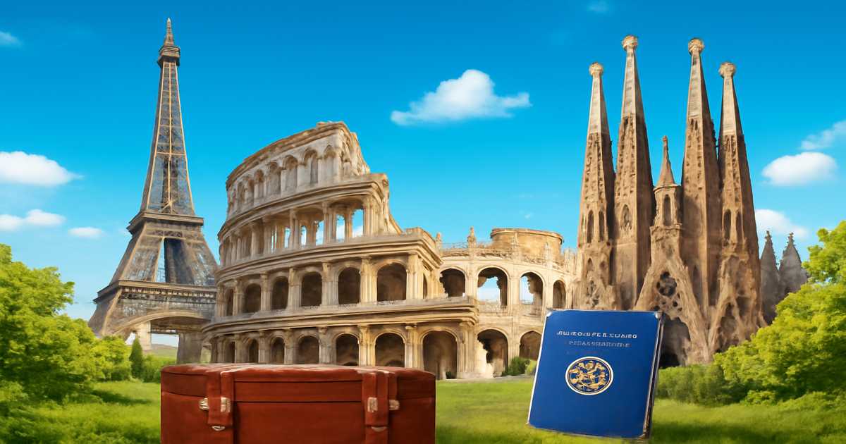 Top 5 визы в страны Европы showcased with iconic landmarks and travel elements.