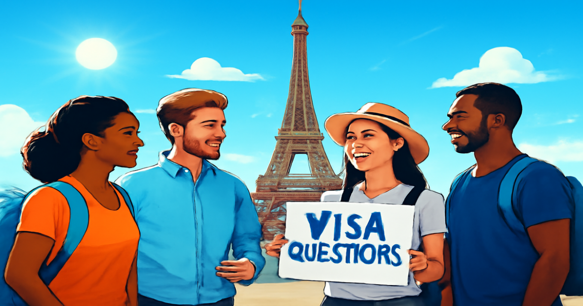 Travelers discussing визовые вопросы in front of a famous landmark, inspiring travel scene.