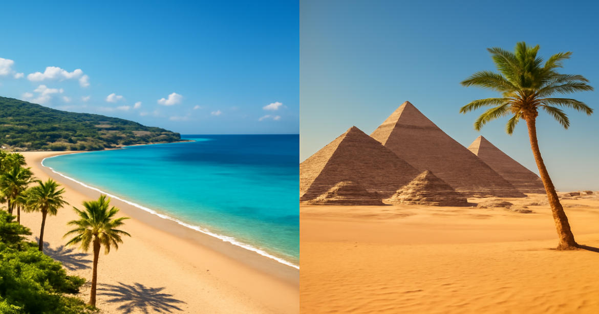 Explore the beauty of Турция или Египет with this captivating beach scene comparison.