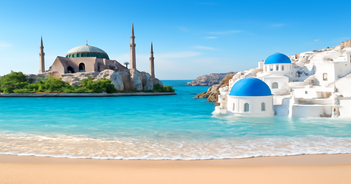 Stunning beach and city views illustrating Турция или Греция as top vacation choices.