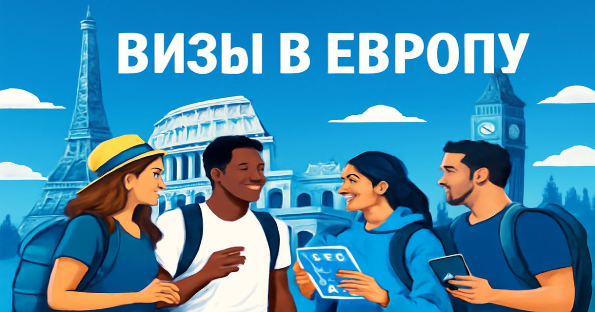 Explore the various визы в Европу with iconic landmarks and excited travelers planning their journey.