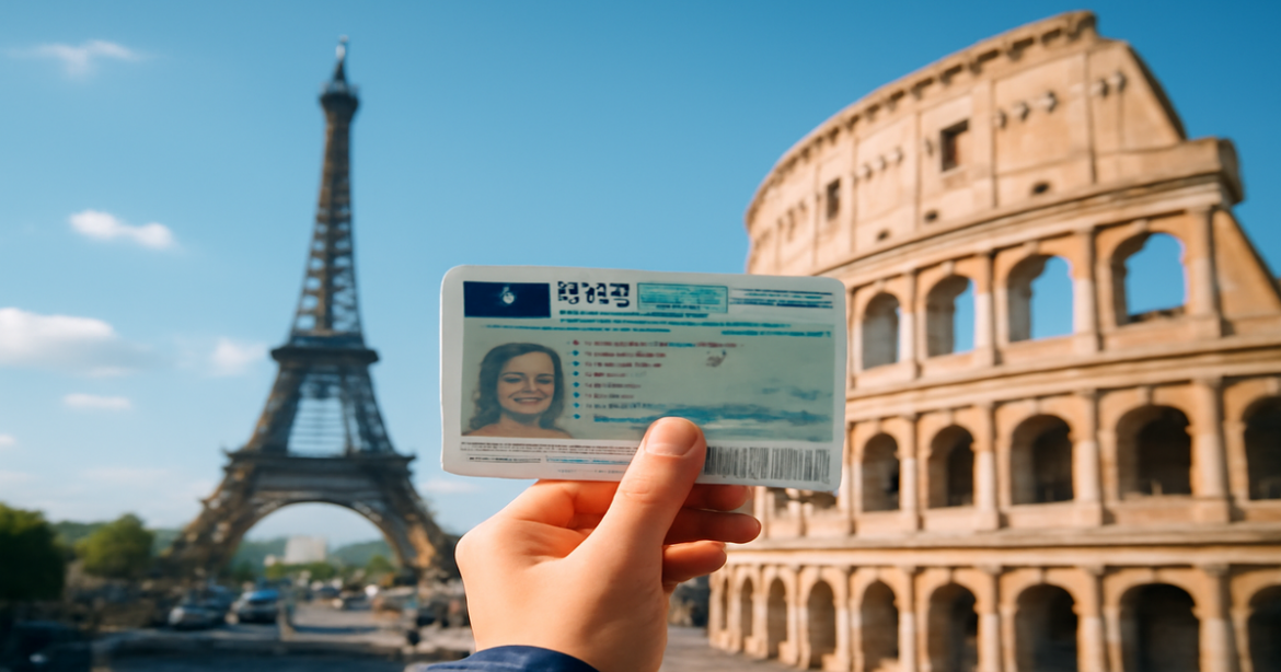 A traveler with a European visa at famous landmarks, symbolizing визы для Европы.