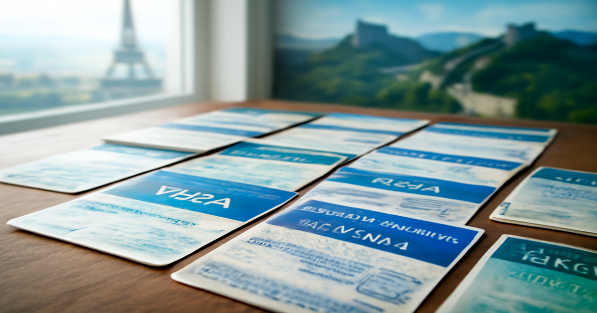 Visas для путешествий displayed on a table with famous landmarks blurred in the background.