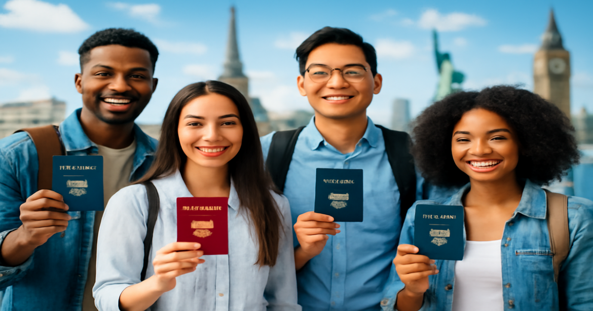 Diverse travelers at an airport symbolizing визы для путешествий and global exploration.