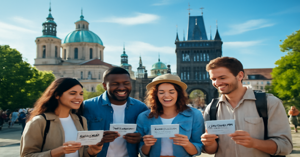 Explore essential визы для Шенгена in a vibrant European cityscape with travelers and landmarks.