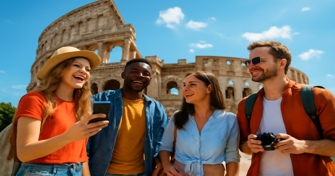 Explore the journey of визы в Европу with diverse travelers at iconic European landmarks.
