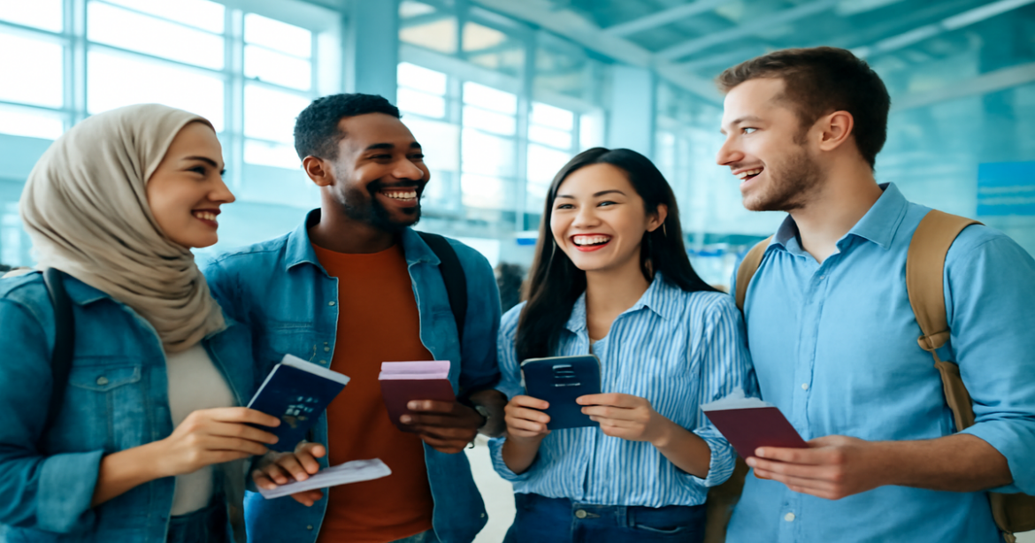 Explore актуальные визовые требования 2023 through this vibrant travel scene at an airport.