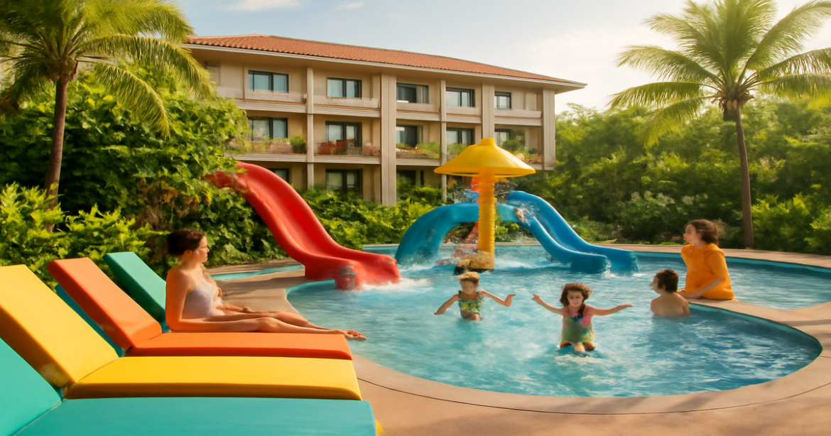 Choose the perfect hotel for children with this inspiring family-friendly pool area.