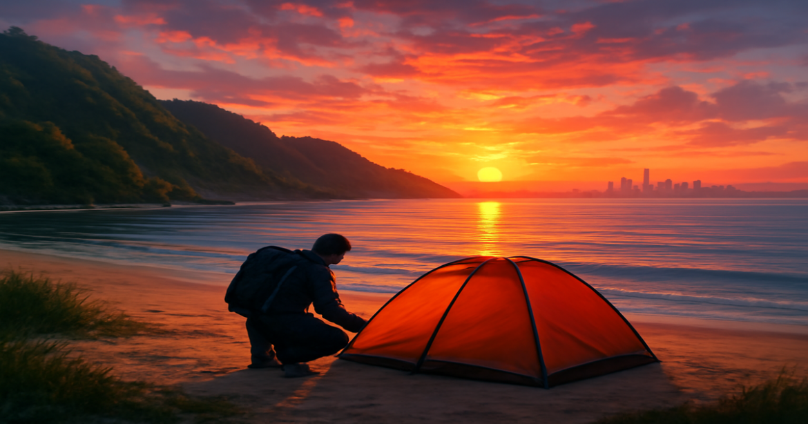 Inspiring image of a solo traveler at a beach sunset, embodying советы для самостоятельных путешествий.