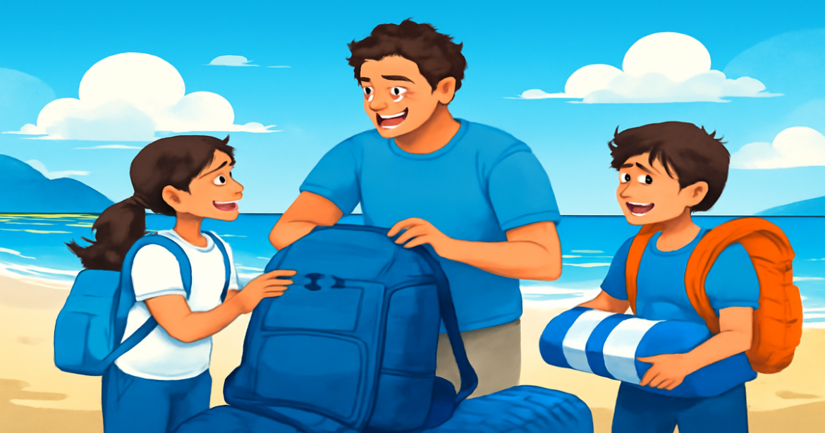 Family preparing for a путешествие с детьми at a beautiful beach, showcasing adventure and togetherness.