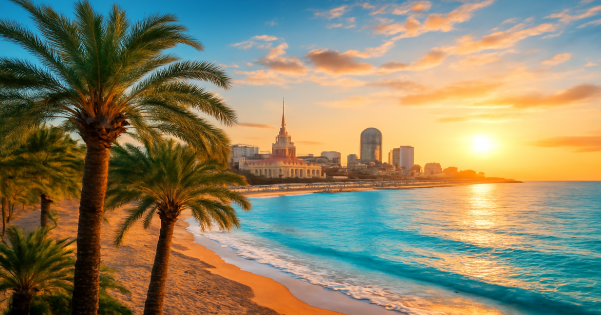 Discover the stunning достопримечательности Сочи with beautiful beaches and modern skyline at sunset.