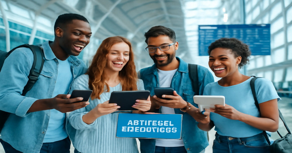 Travelers searching for дешевые авиабилеты in a vibrant airport terminal, capturing the essence of adventure.