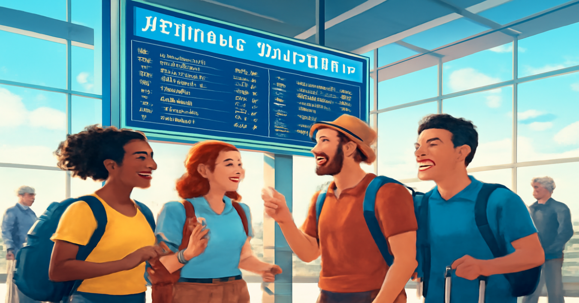 Excited travelers at an airport exploring дешевые авиабилеты for their next adventure.