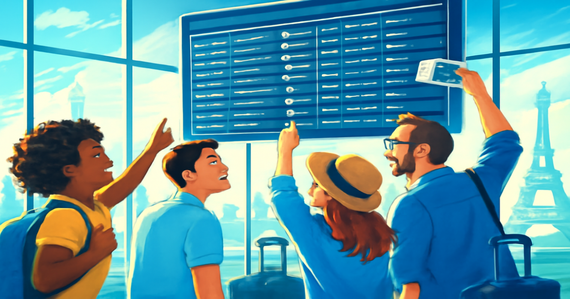 Explore the best ways for поиск авиабилетов in a lively airport setting, capturing travel excitement.