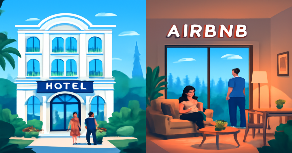Explore где остановиться with a split view of a hotel and Airbnb in a vibrant travel scene.