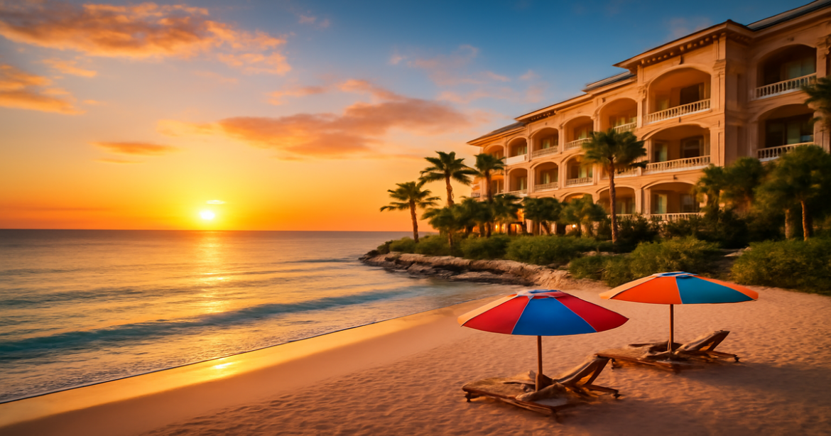 A stunning view of luxurious отели on the beach at sunset, perfect for your travel inspiration.