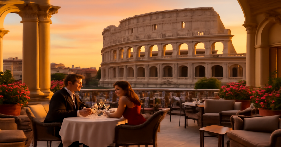 Explore where остановиться в Риме with this stunning hotel terrace view at sunset.