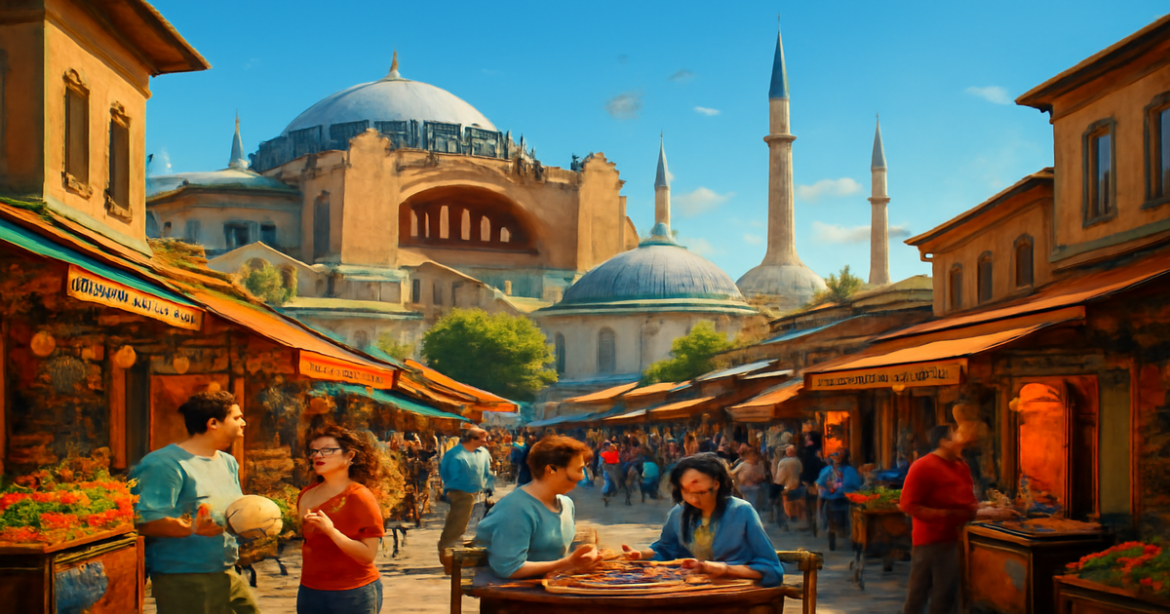 Explore a vibrant street scene in Istanbul, perfect for your маршрут по Стамбулу.