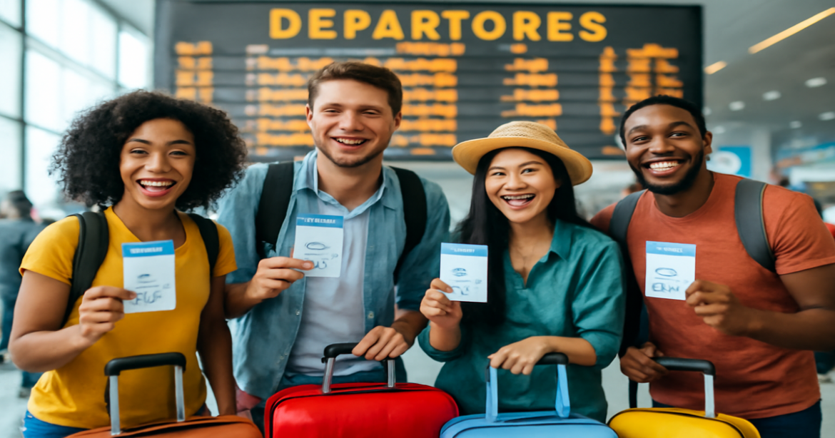 Excited travelers at an airport, highlighting tips for finding дешевые авиабилеты.
