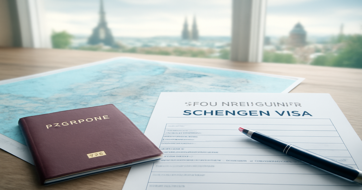 A workspace scene illustrating оформление шенгенской визы with essential travel documents and European landmarks.