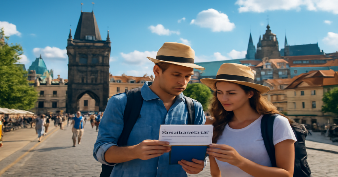 A picturesque city scene highlighting travel preparations for a виза в Шенген.