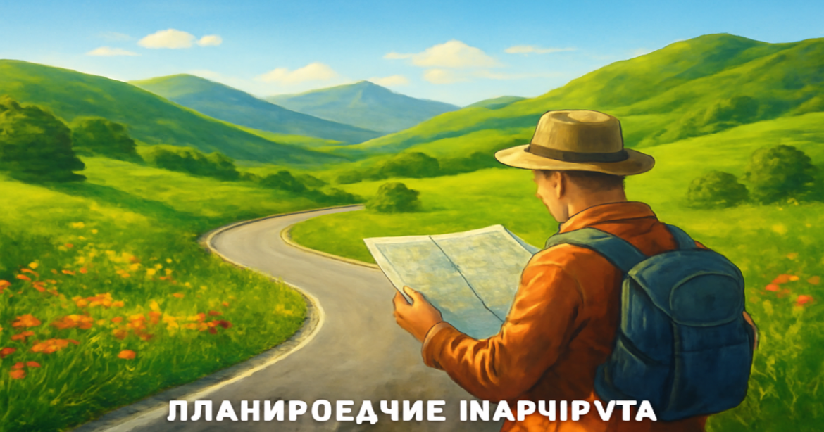 Explore the beauty of планирование маршрута with a traveler in a picturesque landscape.
