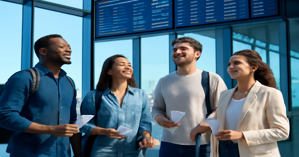 A vibrant airport scene illustrating выбор авиабилетов for travelers, showcasing a diverse group and modern surroundings.