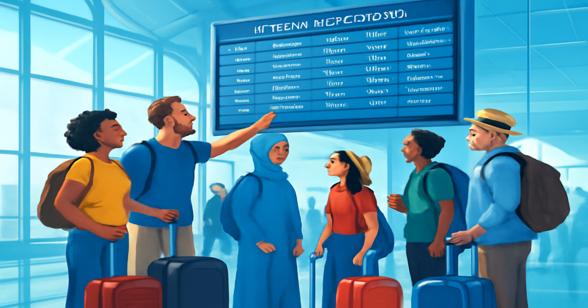 A diverse group of travelers at an airport exploring flight options for выбор авиабилетов.