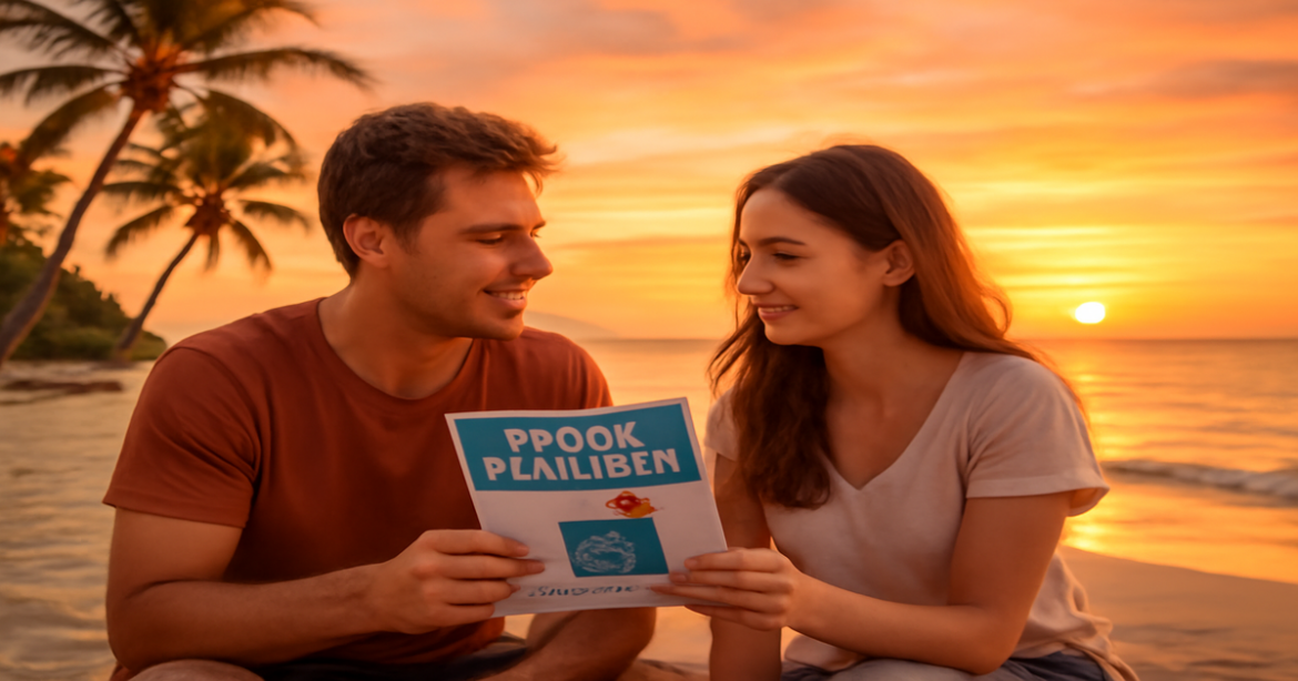 A couple planning their trip with a travel insurance brochure, emphasizing туристическая страховка.