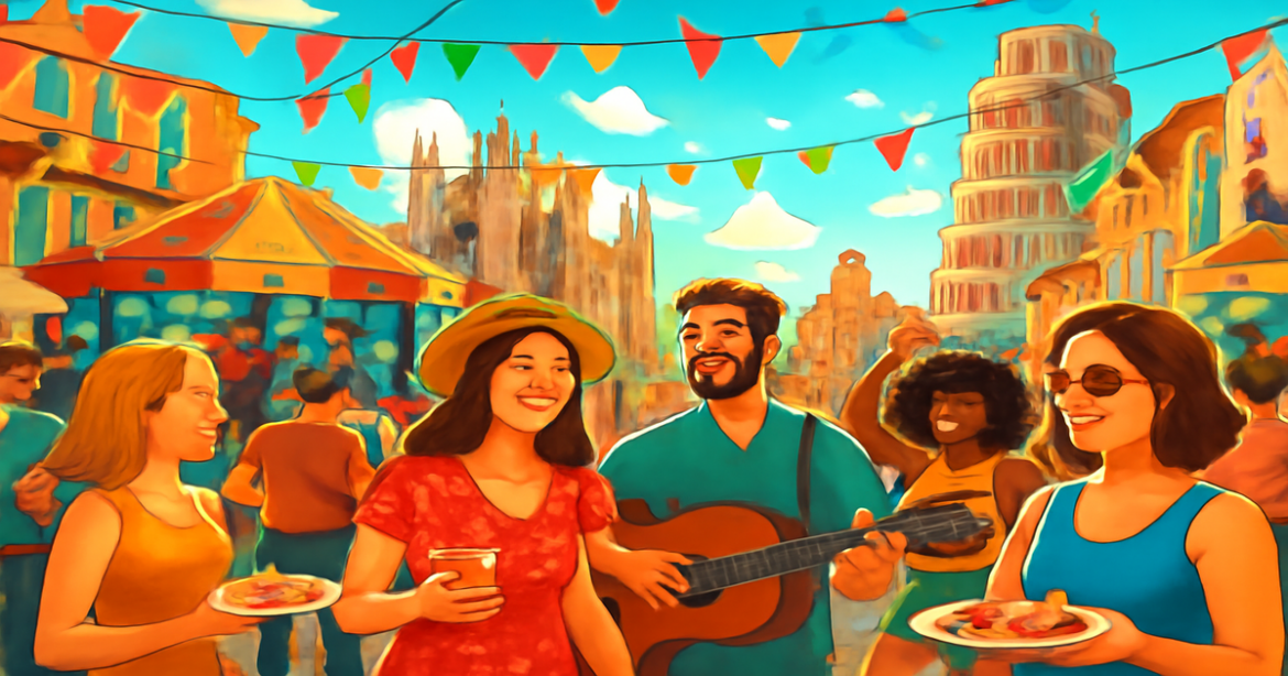 Explore летние фестивали Европы with a lively festival scene showcasing joy and iconic landmarks.
