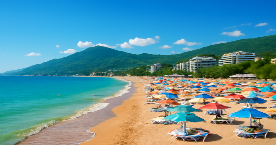 Beautiful beach scene at курорты России, showcasing Sochi's summer vacation vibe.