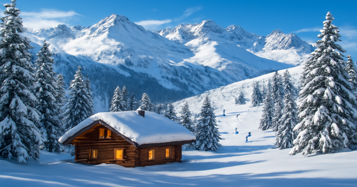 Stunning winter landscape perfect for зимний отпуск, featuring snow-covered mountains and a cozy chalet.