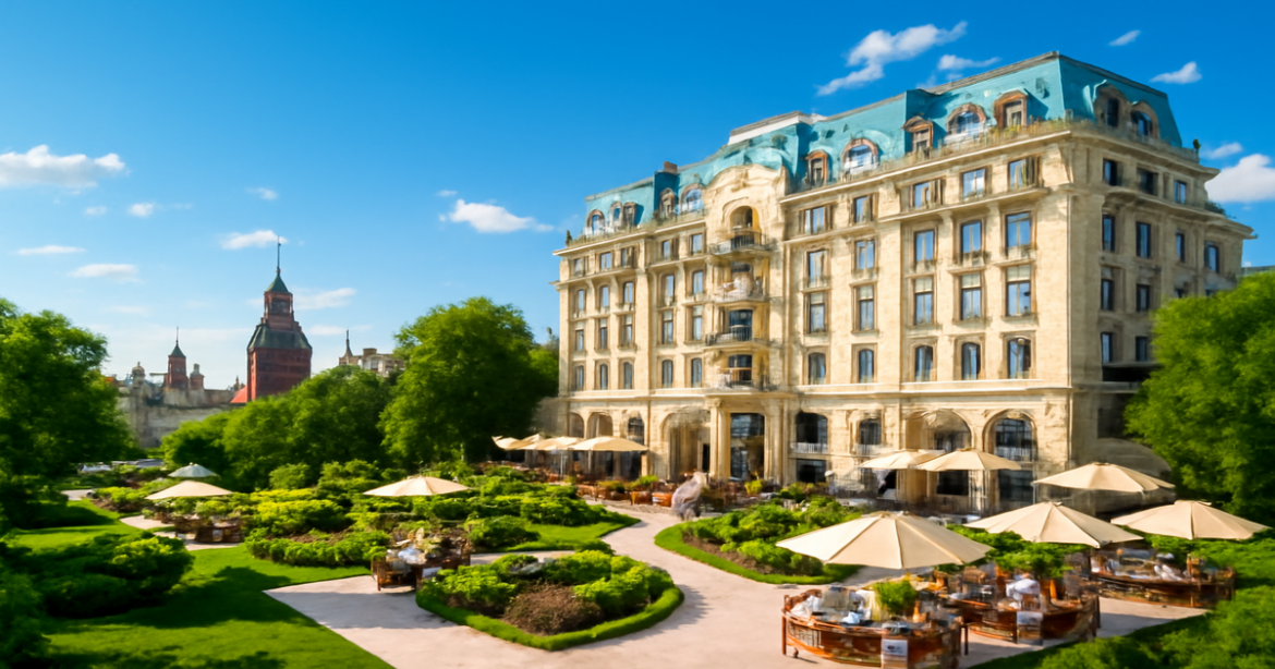 Explore лучшие отели in Russia with this captivating image of a luxurious hotel and vibrant city life.