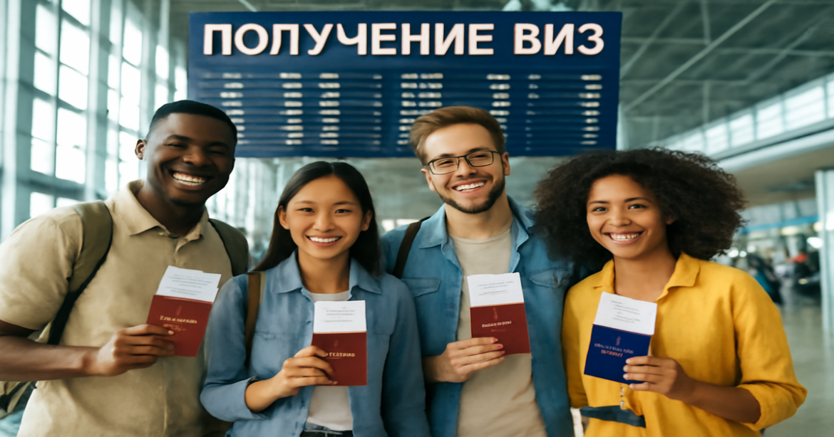Diverse travelers eagerly preparing for journeys, emphasizing получение виз at a modern airport.
