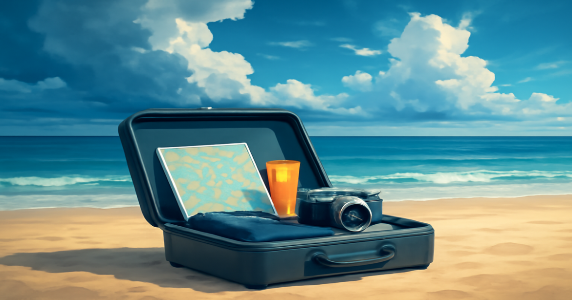 Preparation for a trip amidst unpredictable weather, showcasing travel essentials and a serene beach scene.