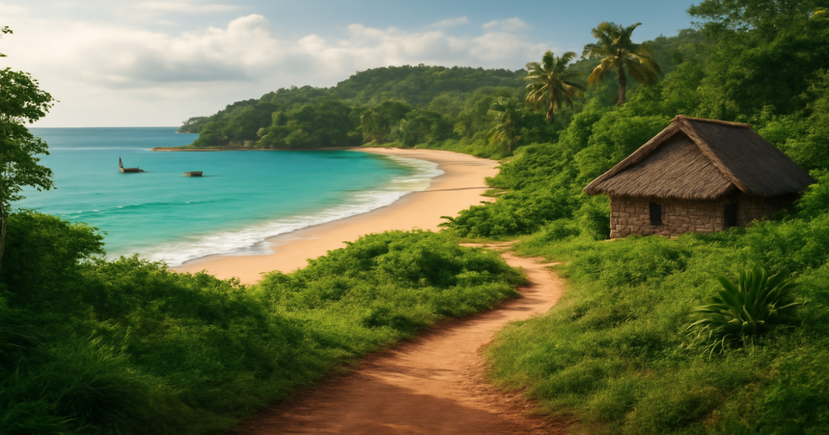 Explore непривычные маршруты with this inspiring view of a coastal path and unique cultural elements.