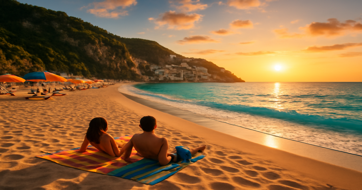 Stunning beach scene showcasing пляжный отдых в Европе with golden sands and turquoise waters.