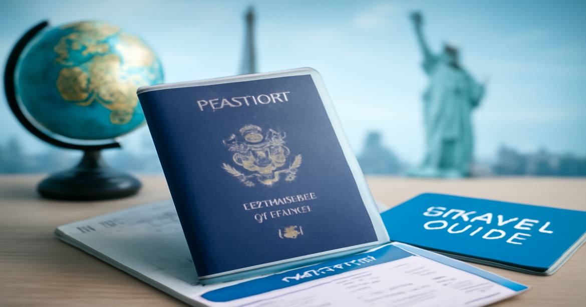 Oформление визы для поездки: passport and travel essentials with famous landmarks in the background.