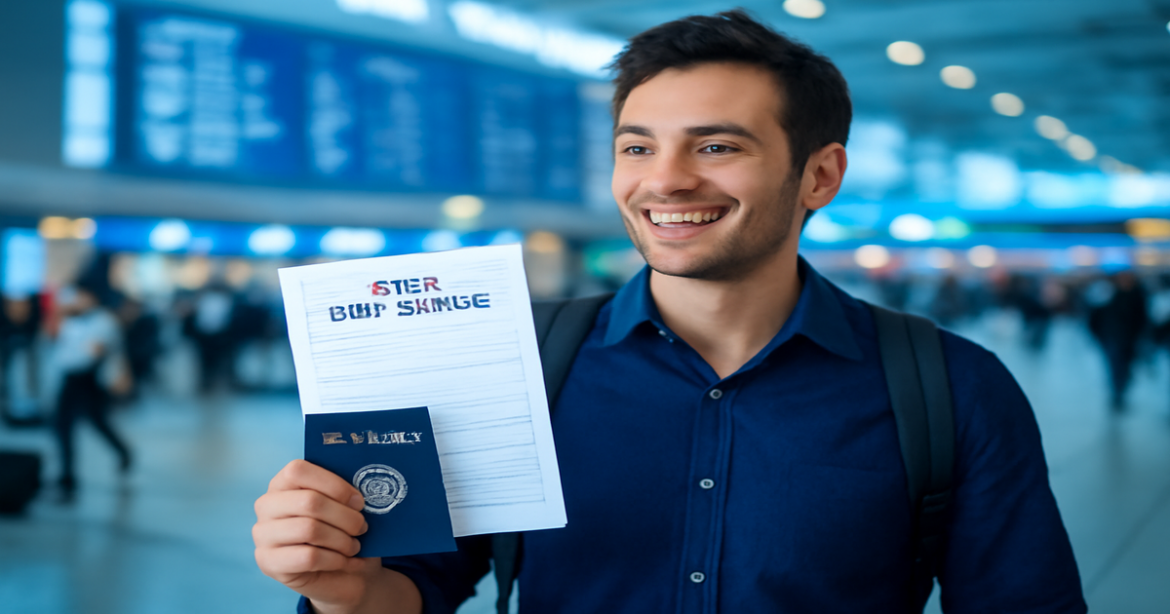 A traveler preparing for a journey, emphasizing оформление визы at an international airport.