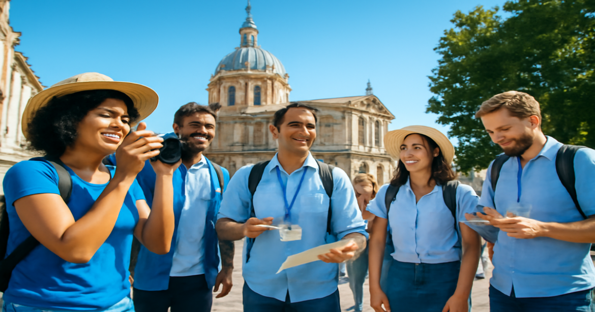 Explore the essence of организация экскурсий with a vibrant group enjoying a scenic landmark.